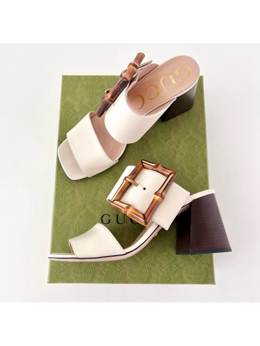 GUCCI || Bamboo Buckle Mule Sandals White Leather Block Heel EU 37